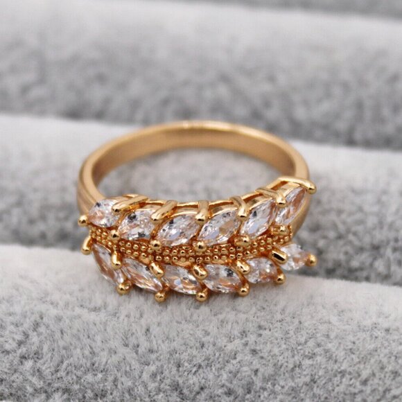 18K Yellow Gold Filled Long Leaf Diamond Zircon Ring Gorgeous Party Gift - Picture 3 of 6